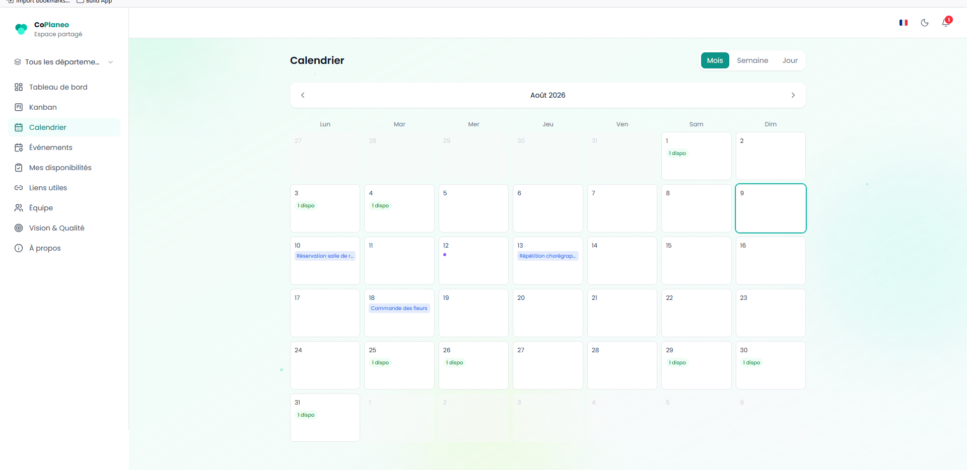 Calendrier partagé de CoPlaneo sur ordinateur