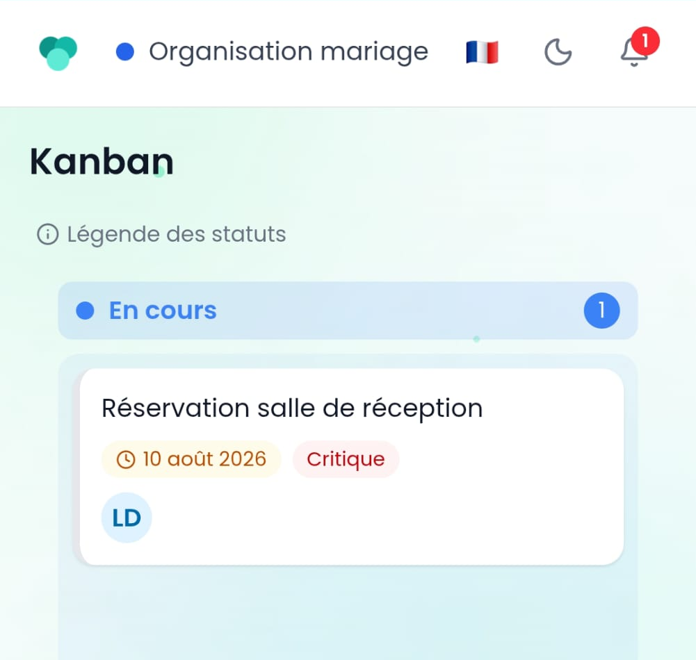 Tableau Kanban de CoPlaneo sur mobile